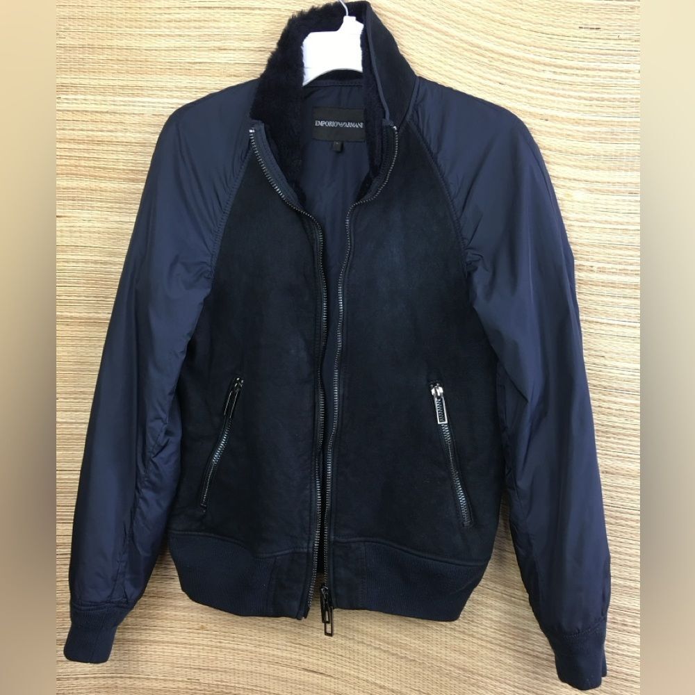EMPORIO ARMANI Lamb Shearling Front Unisex Lightweight Bomber Jacket Navy Sz S - Picture 4 of 14